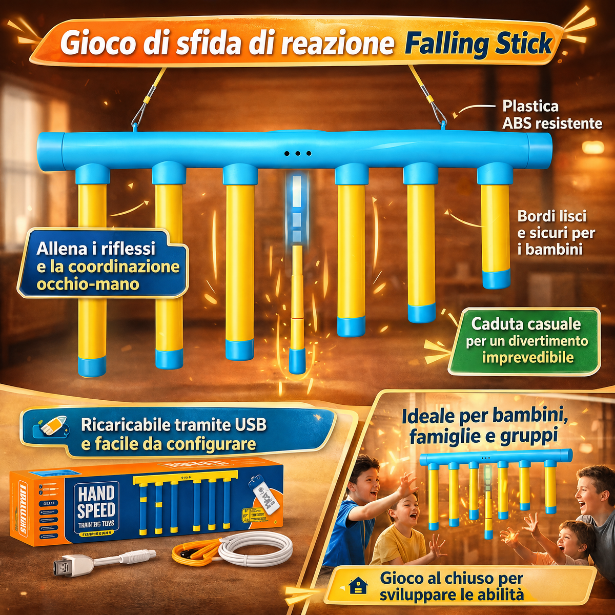 Gioco di riflessi per bambini, trainer di reazione con bastoncini cadenti, sfida a caduta
