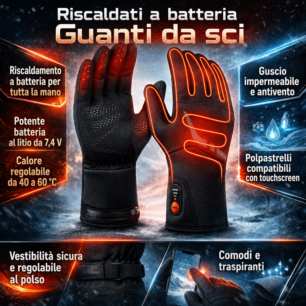 Guanti riscaldati a batteria impermeabili touchscreen per l’inverno