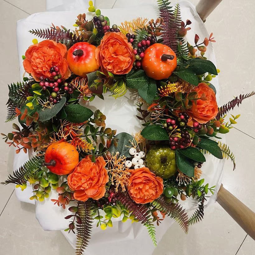 Ghirlanda per porta autunnale | Design rustico con peonia e zucca | Decorazione autunnale artigianale
