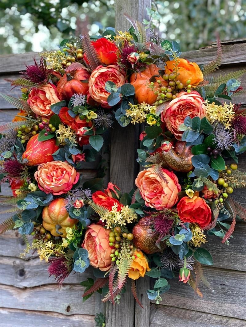 Ghirlanda per porta autunnale | Design rustico con peonia e zucca | Decorazione autunnale artigianale