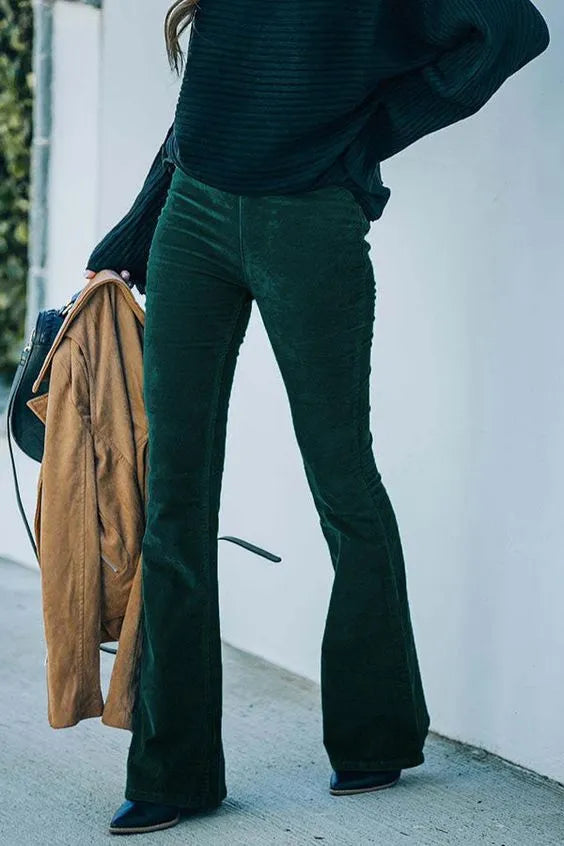 Pantaloni larghi a coste da donna con vita elasticizzata e gambe svasate, comodi ed eleganti