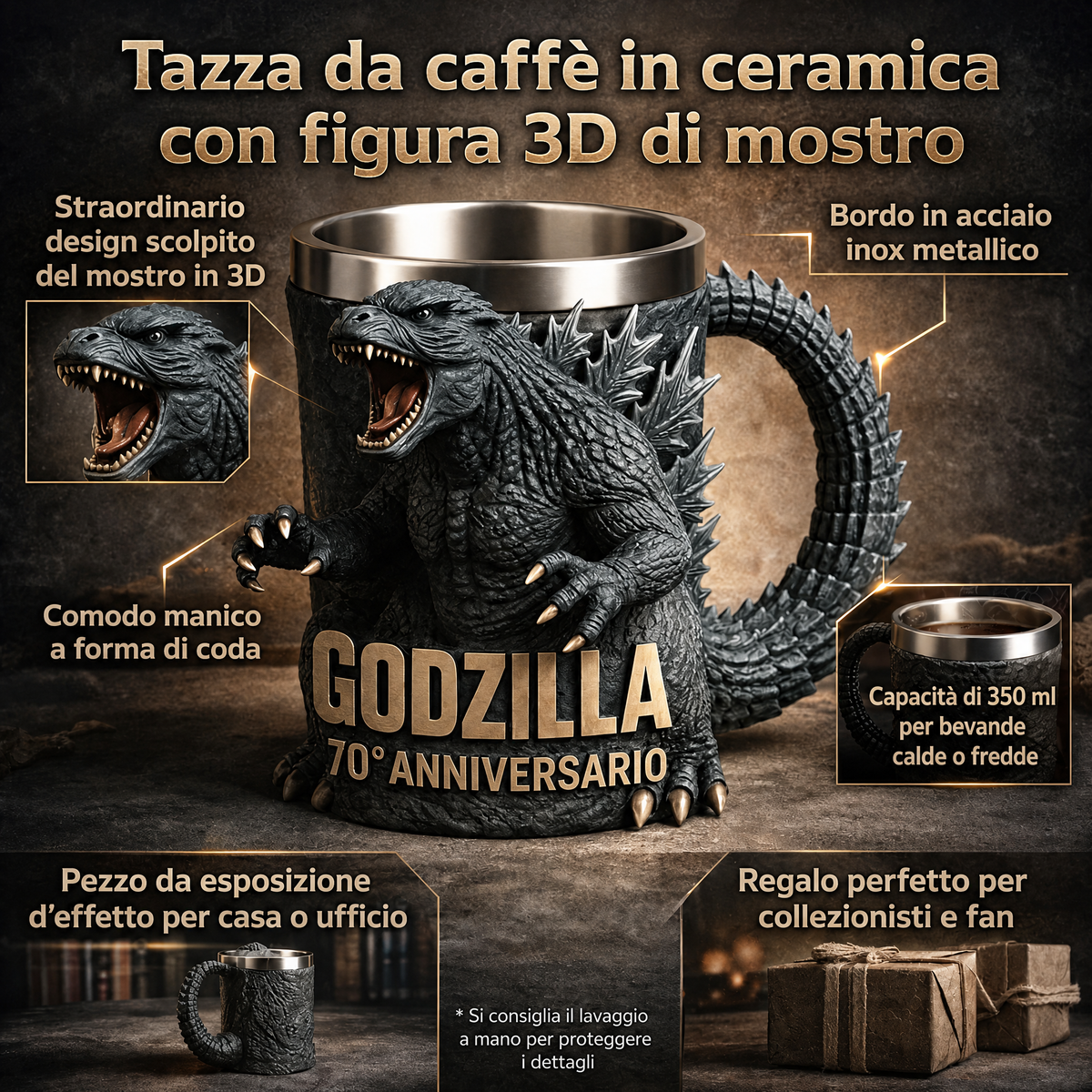 Tazza da caffè con mostro in rilievo, figure 3D in ceramica per bevande
