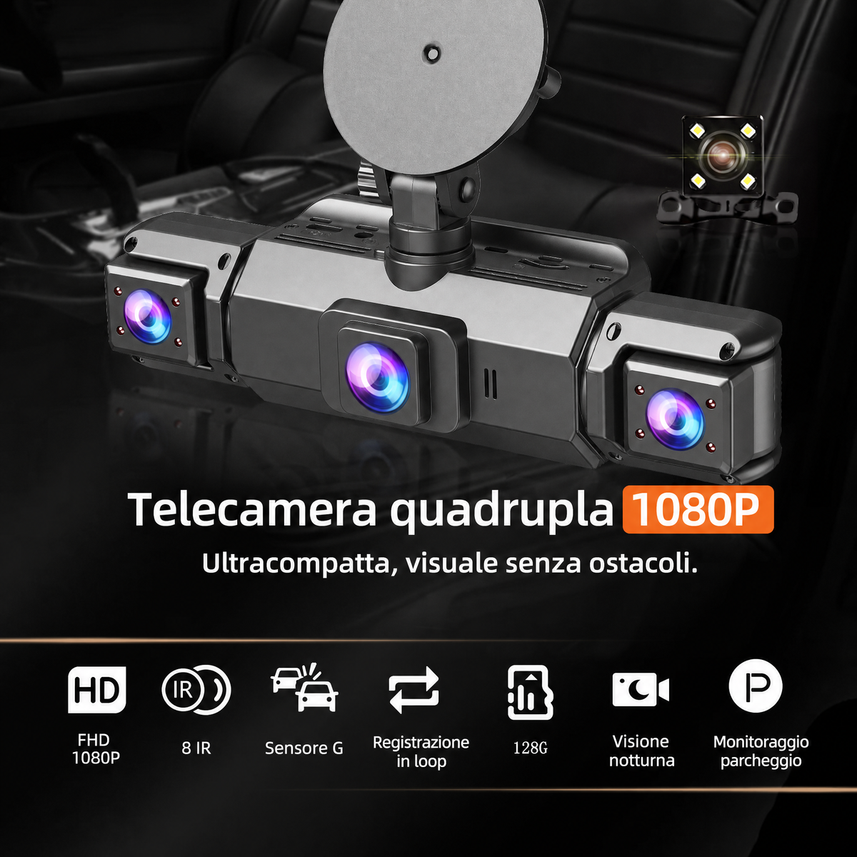Dash cam wireless per auto anteriore e posteriore con visione notturna