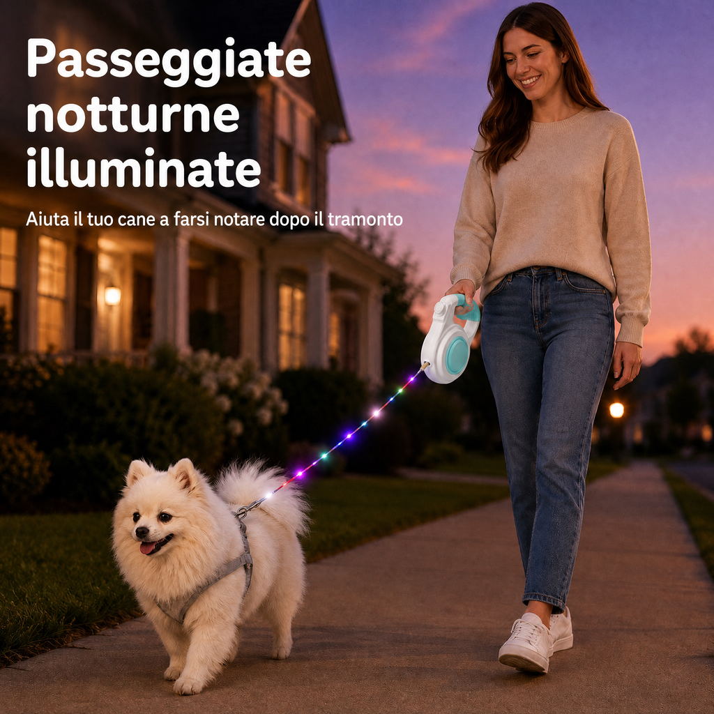 Guinzaglio Retrattile Luminosa Ricaricabile per Cani per Passeggiate Notturne - Aiuta i Cani di Piccola Taglia a Restare