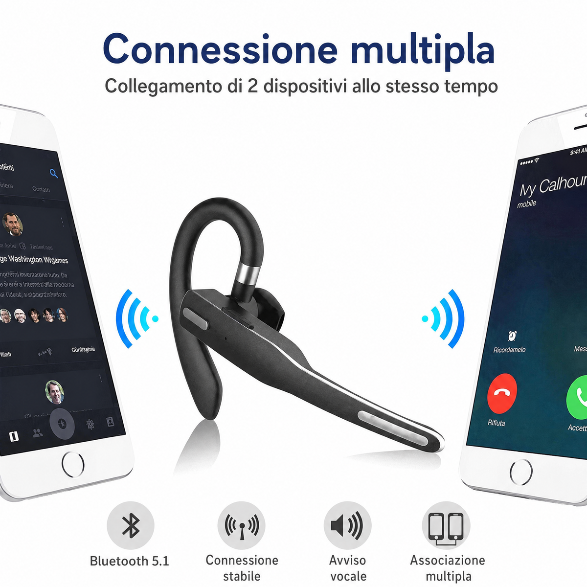 Cuffia/auricolare Bluetooth 5.1 wireless con doppio microfono per camionisti, con cancellazione del rumore