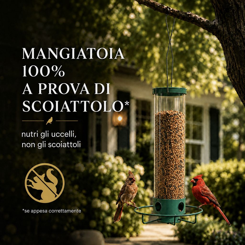 Mangiatoia per uccelli anti-scoiattolo con posatoio rotante
