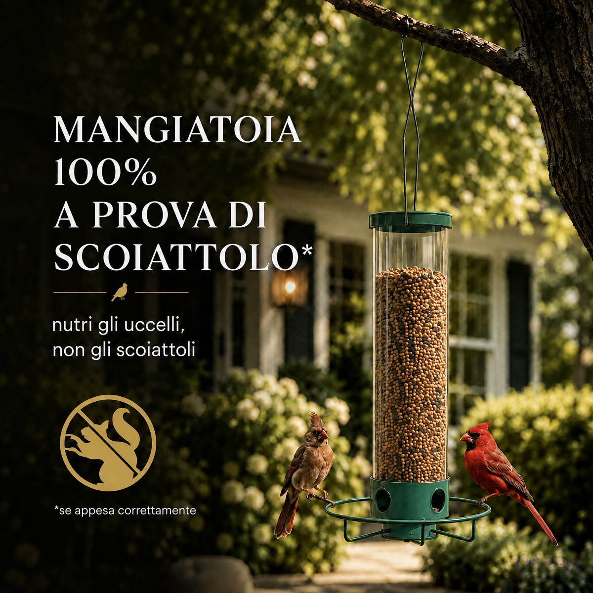 Mangiatoia per uccelli anti-scoiattolo con posatoio rotante