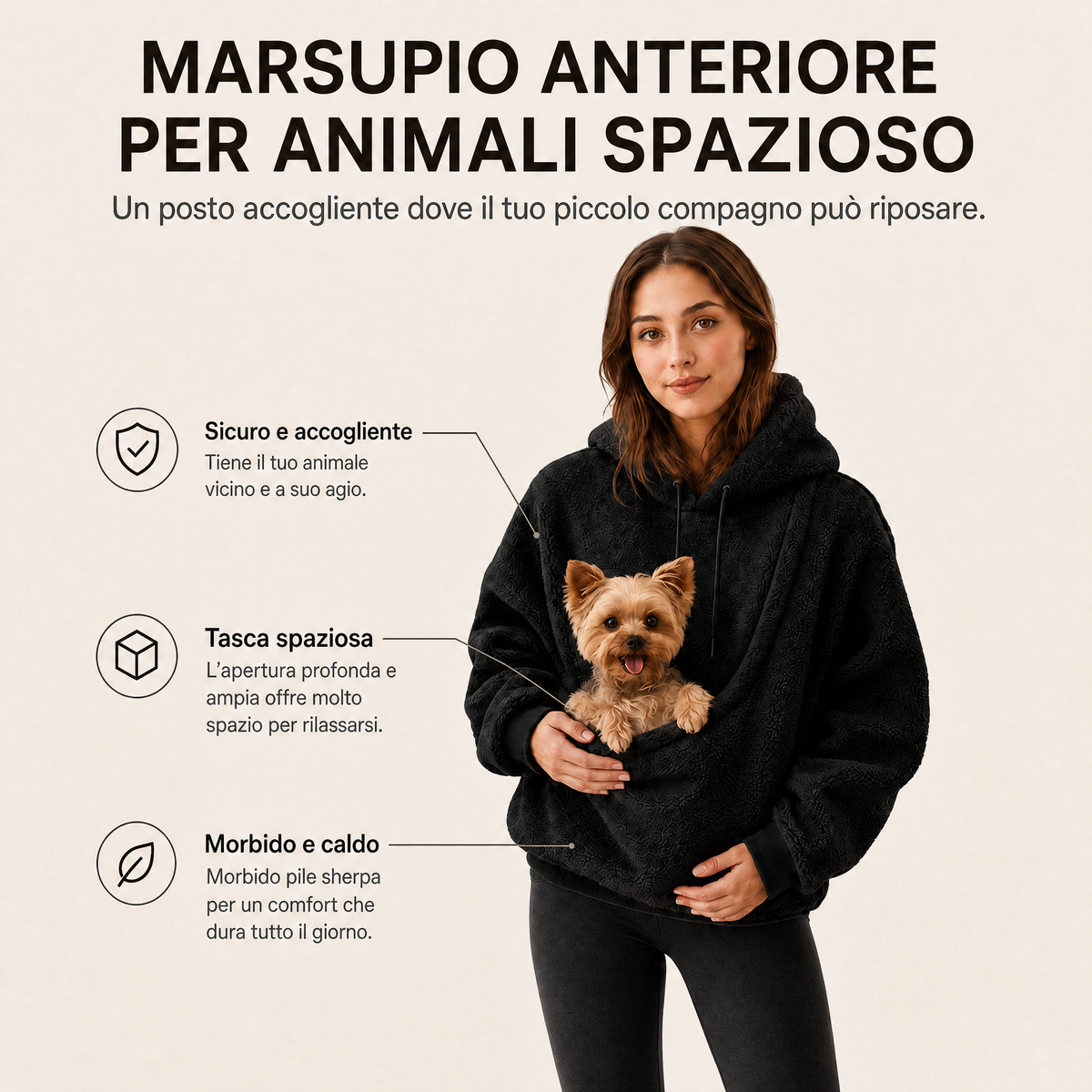 Felpa Pet Carrier Sherpa con Cappuccio per Cani e Gatti di Piccola Taglia – Morbida Felpa con Tasca Frontale per Passegg