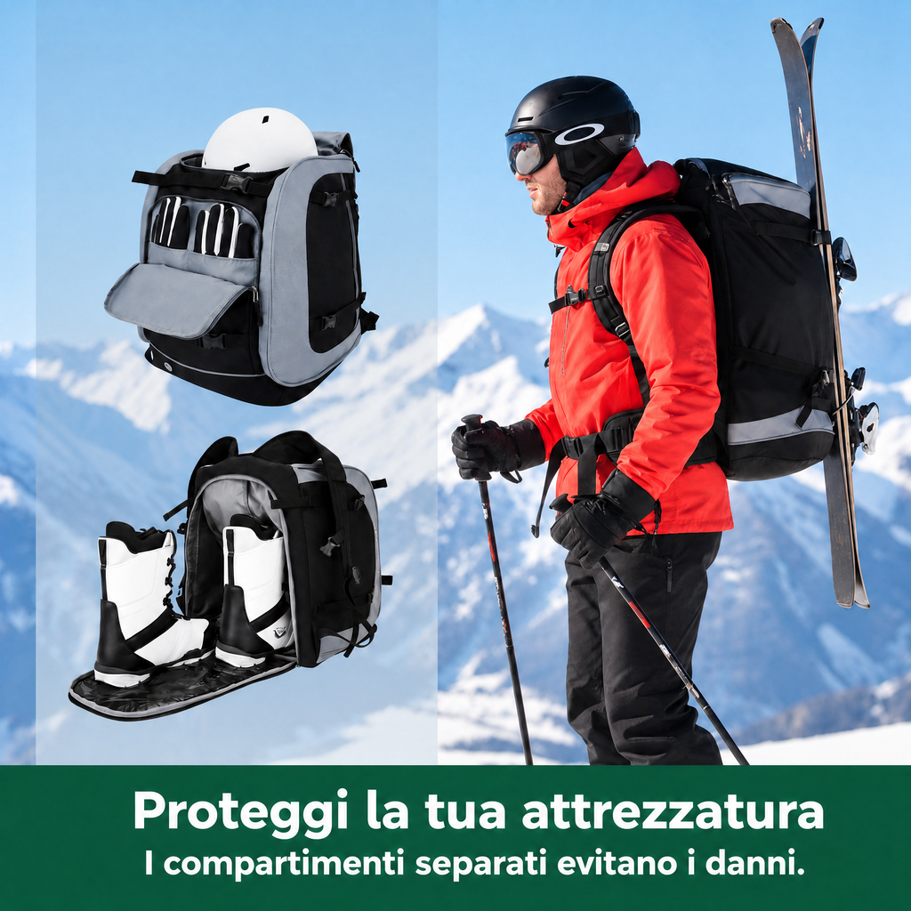 Zaino da sci 65L | Borsa per scarponi da sci con scomparto per casco e scomparto per maschera | Tessuto Oxford, spallacc