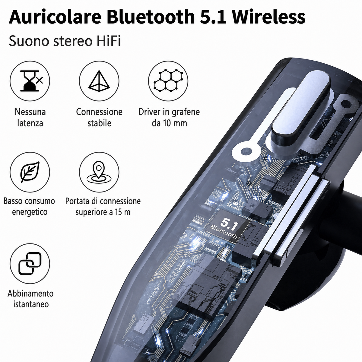 Cuffia/auricolare Bluetooth 5.1 wireless con doppio microfono per camionisti, con cancellazione del rumore