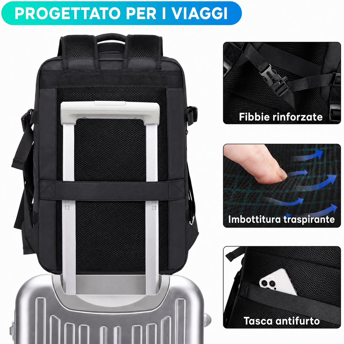 Zaino da viaggio impermeabile espandibile 26–45L con scomparto laptop e modalità borsone