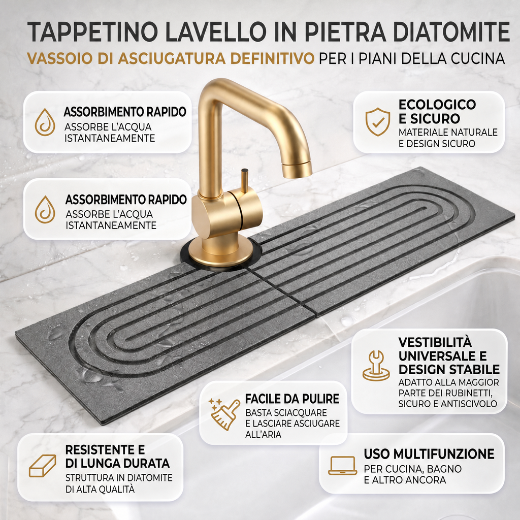 Tappetino per lavello in diatomite, vassoio asciuga‑rubinetto in pietra per piano cucina