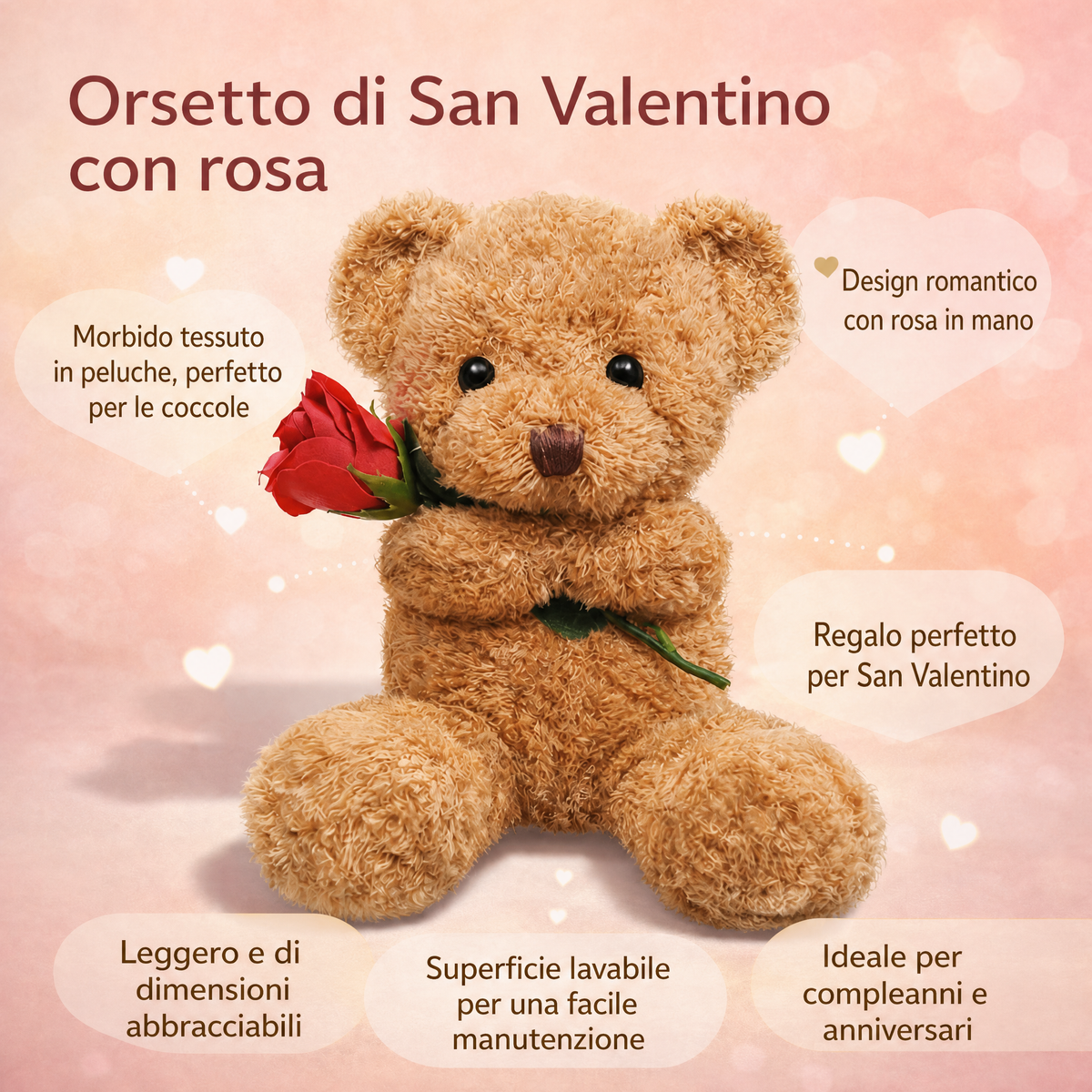 Peluches Orsetto di San Valentino Morbido con Rosa, Pupazzo Regalo