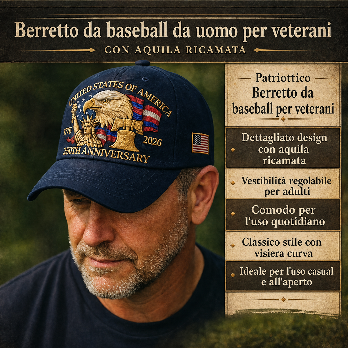 Cappellino da baseball da uomo per veterani con aquila ricamata
