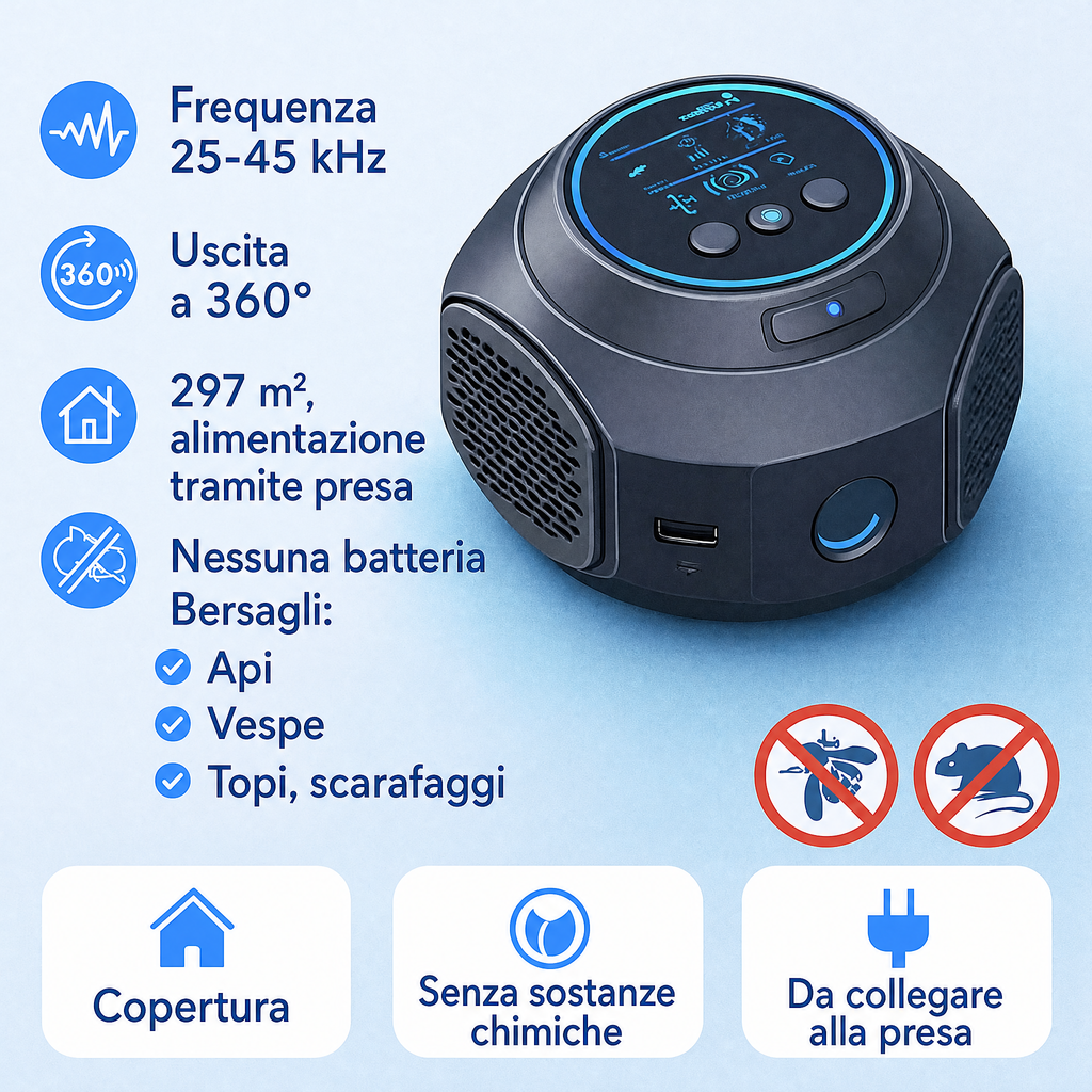 Dispositivo ad ultrasuoni repellente per api e vespe | Senza sostanze chimiche. Copertura a 360° per casa e controllo de
