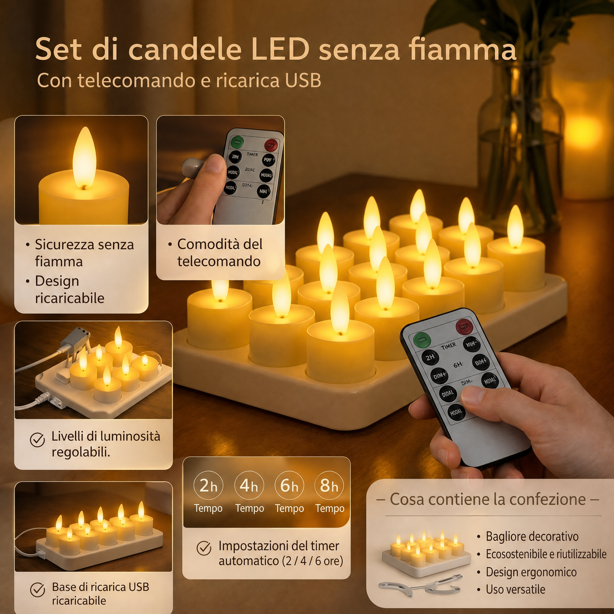 Set Candele LED Senza Fiamma con Telecomando, Timer e Ricarica USB