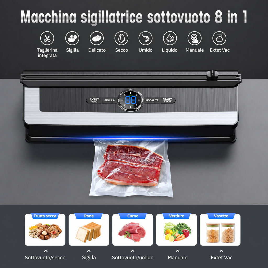 Sigillatrice Sottovuoto Professionale 8-in-1 | Taglierina di Precisione Integrata | Modalità per Alimenti Secchi e Umidi