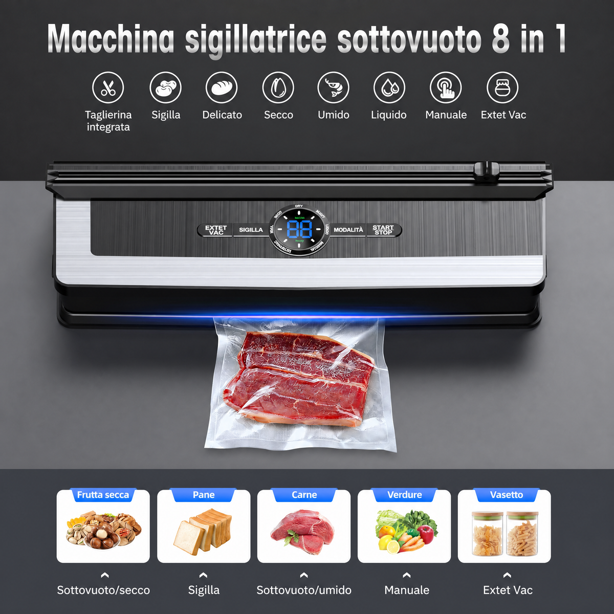 Sigillatrice Sottovuoto Professionale 8-in-1 | Taglierina di Precisione Integrata | Modalità per Alimenti Secchi e Umidi