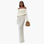 Abito maxi in maglia con spalle scoperte da donna per occasioni eleganti