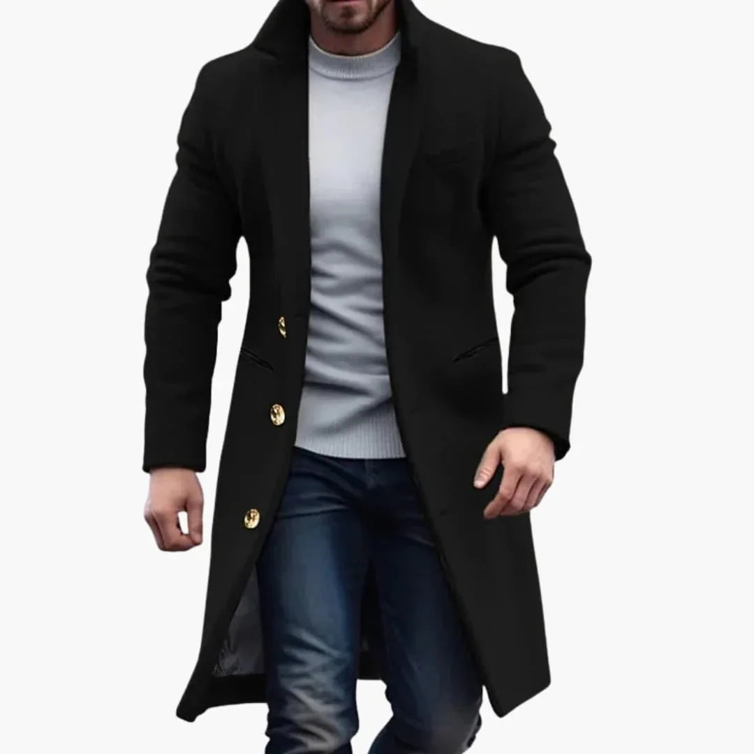 Cappotto lungo da uomo con rever classico e chiusura con bottoni