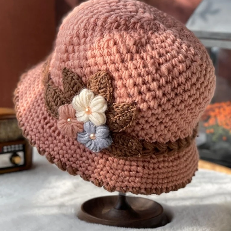 Cappello di lana lavorato a maglia a fiori spesso francese da donna