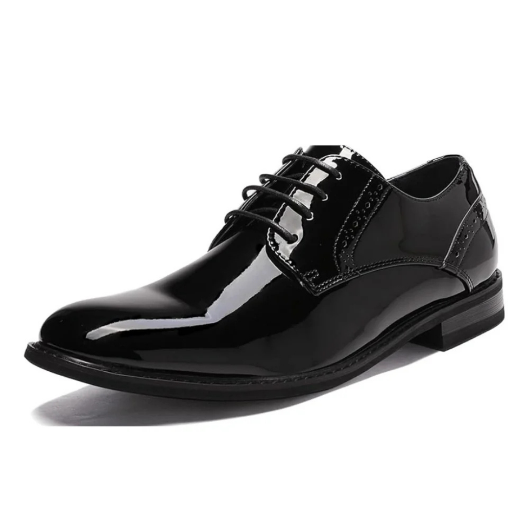 Scarpe Stringate Uomo Vernice Nera Lucida Oxford con Dettagli Traforati