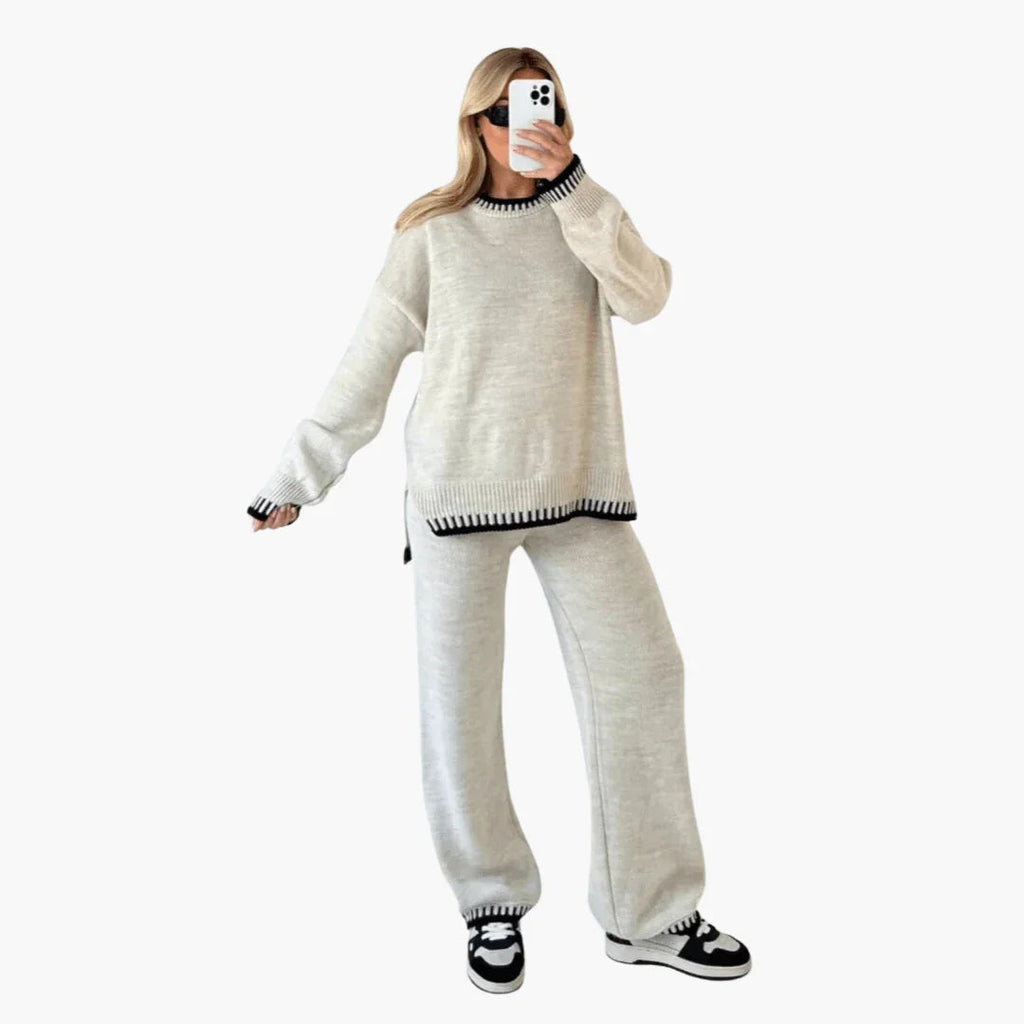 Set da salotto alla moda per donna, comodo top e pantaloni in maglia