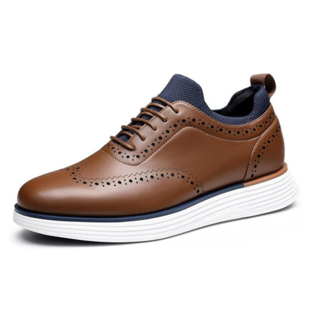 Scarpe Stringate Uomo Brogue Pelle Marrone con Inserti Maglia Blu e Suola Bianca Alta