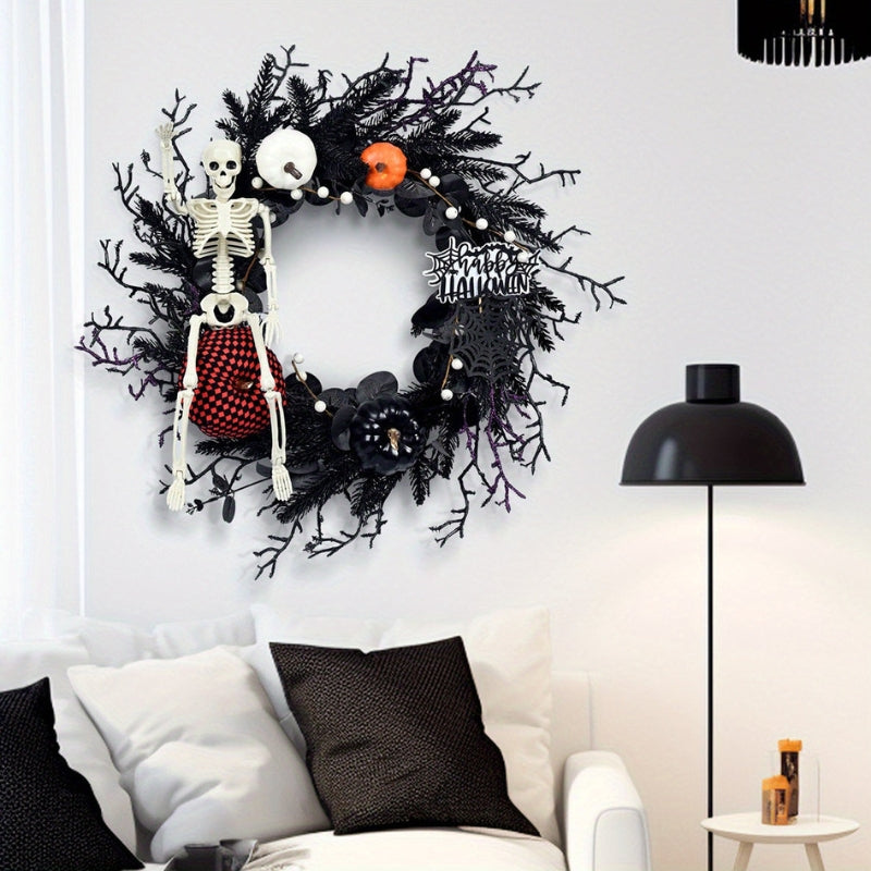 Ghirlanda per porta di Halloween con scheletro e zucca | Decorazione stagionale atmosferica