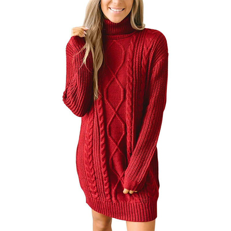 Abito maglione da donna a collo alto in maglia a trecce