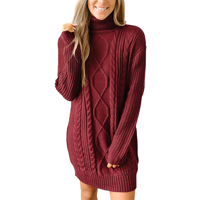 Abito maglione da donna a collo alto in maglia a trecce