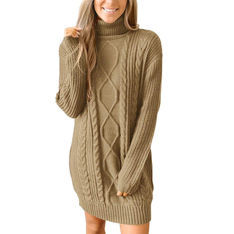 Abito maglione da donna a collo alto in maglia a trecce