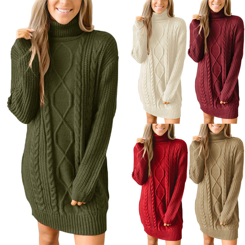 Abito maglione da donna a collo alto in maglia a trecce