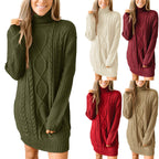 Abito maglione da donna a collo alto in maglia a trecce