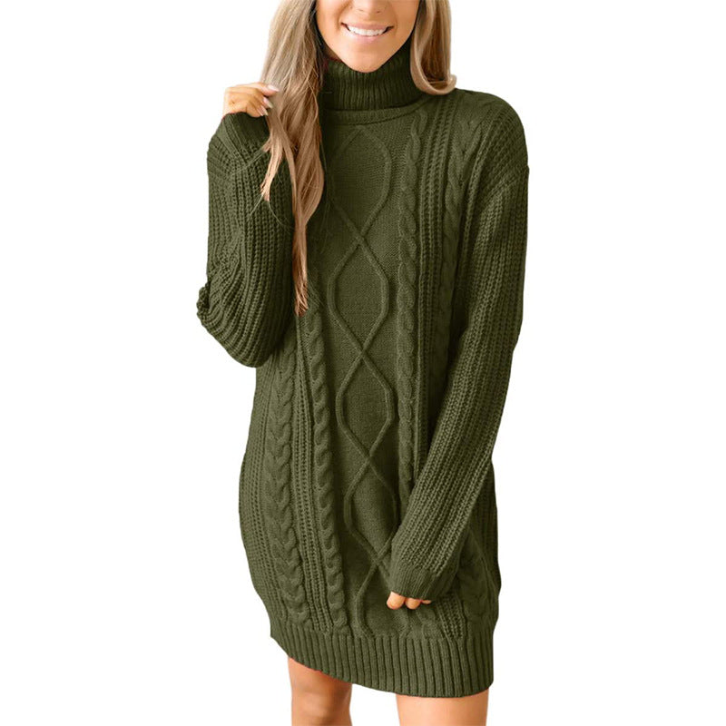 Abito maglione da donna a collo alto in maglia a trecce