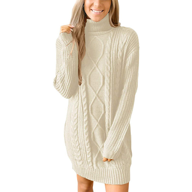 Abito maglione da donna a collo alto in maglia a trecce
