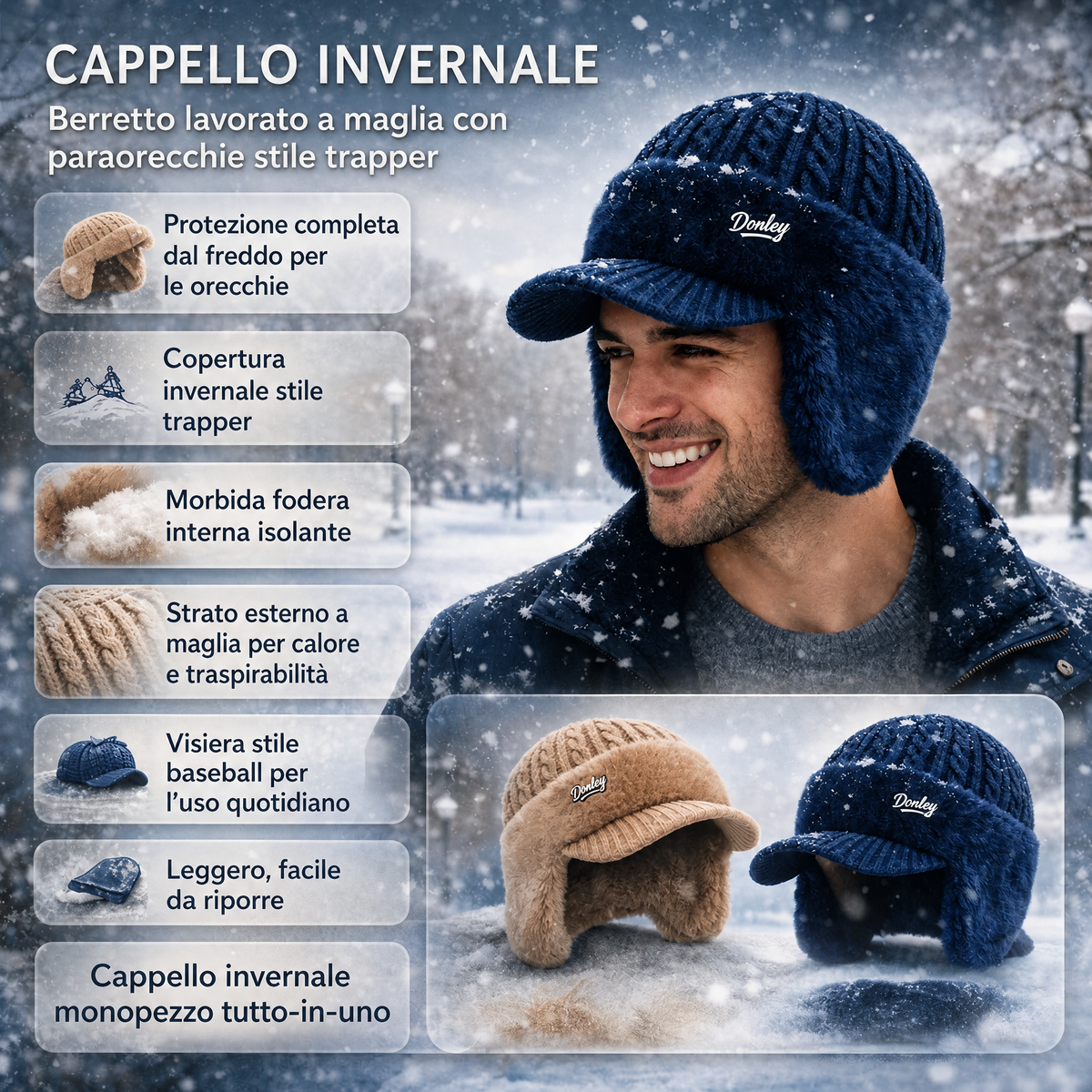 Cappello invernale Trapper con paraorecchie lavorato a maglia