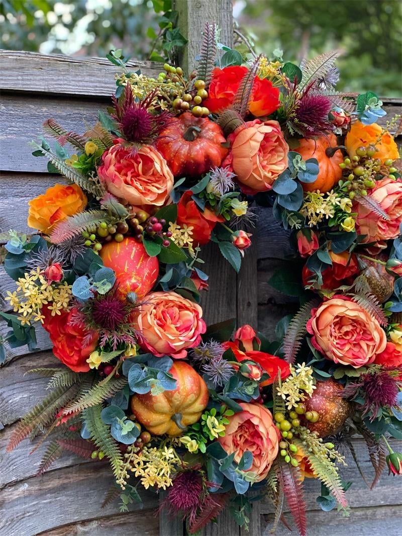 Ghirlanda per porta autunnale | Design rustico con peonia e zucca | Decorazione autunnale artigianale