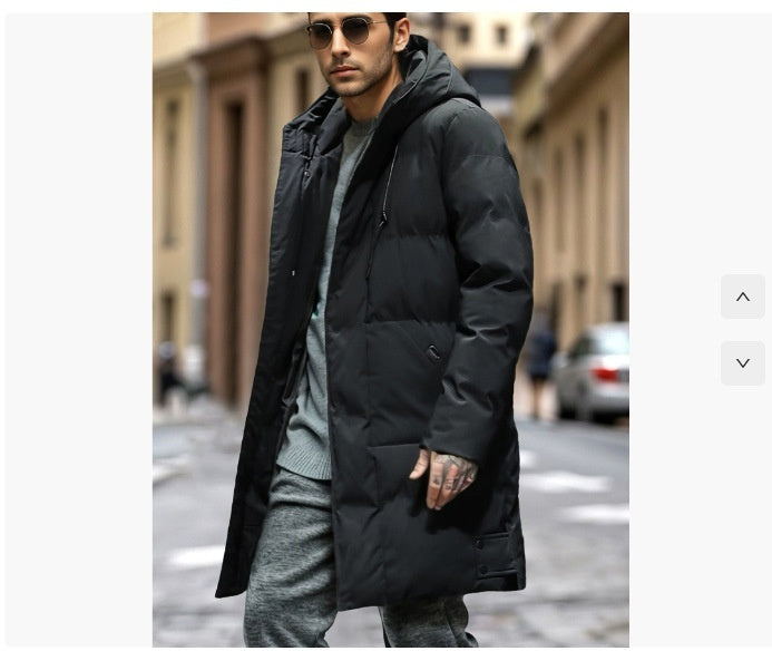 Caldo piumino lungo da uomo - cotone trapuntato con cappuccio, urbano