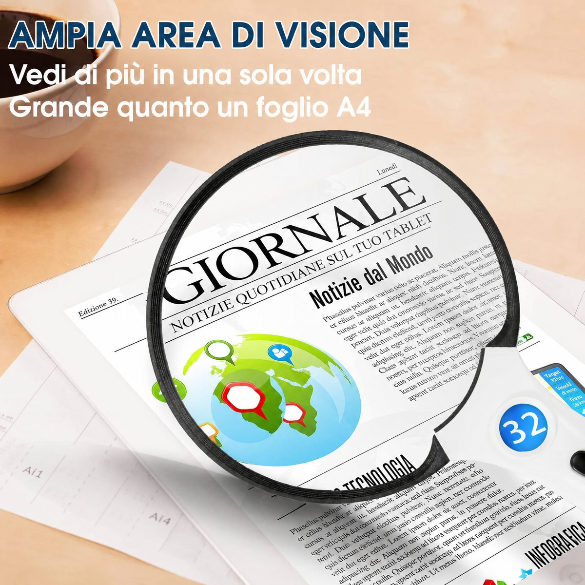 Grande lente d’ingrandimento con luce