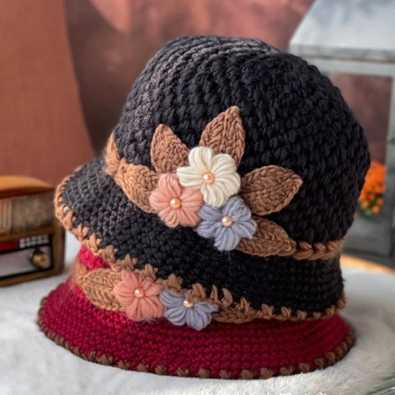 Cappello di lana lavorato a maglia a fiori spesso francese da donna