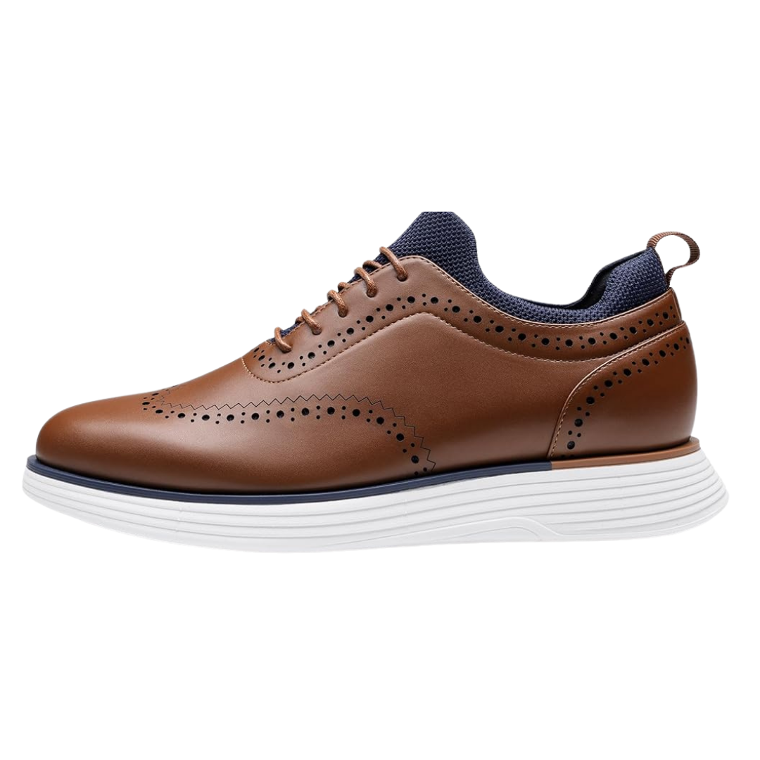 Scarpe Stringate Uomo Brogue Pelle Marrone con Inserti Maglia Blu e Suola Bianca Alta