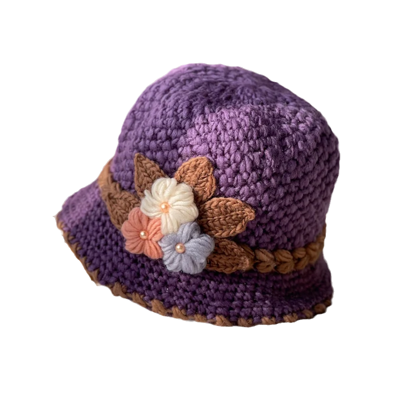 Cappello di lana lavorato a maglia a fiori spesso francese da donna