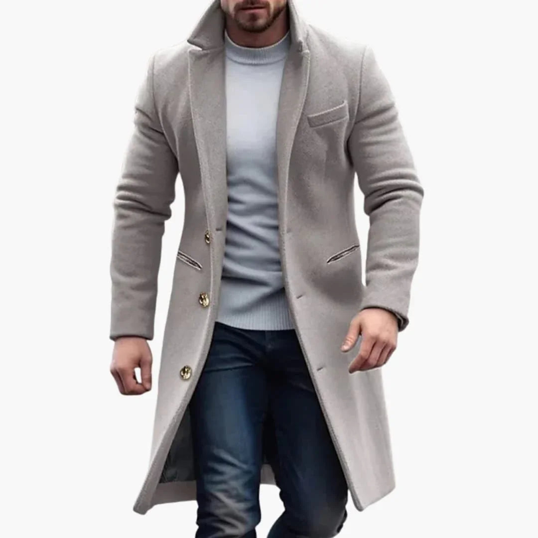 Cappotto lungo da uomo con rever classico e chiusura con bottoni