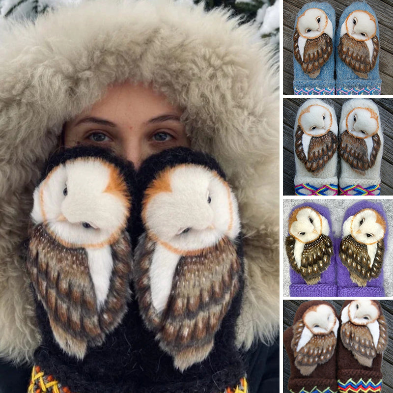 Guanti nordici lavorati a mano in lana con gufi