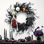 Ghirlanda per porta di Halloween con scheletro e zucca | Decorazione stagionale atmosferica