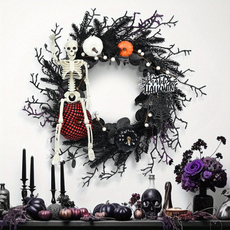 Ghirlanda per porta di Halloween con scheletro e zucca | Decorazione stagionale atmosferica