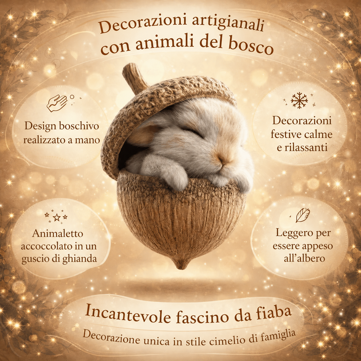 Decorazioni natalizie artigianali per albero di Natale con ghiande e animali del bosco