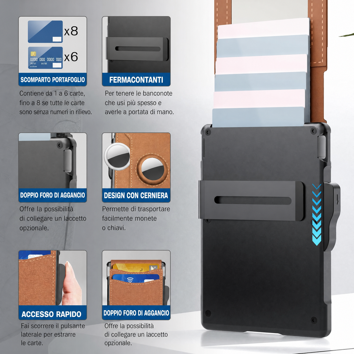 AirTag Wallet da uomo - con portacarte in alluminio pop up fermasoldi, slot portatessere in pelle slim, portacarte di cr