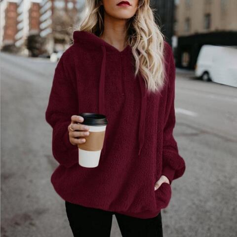 Felpa con cappuccio da donna morbida e rilassata - Pullover mezza zip, pile